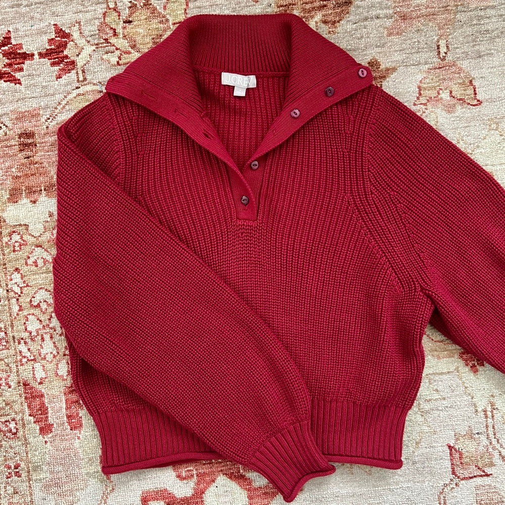 J Crew NWOT Womens Red Maroon Ribbed Cotton Button Collar Sweater Small - Picture 1 of 15